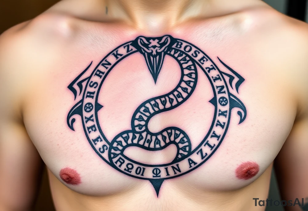 A Viking-inspired Ouroboros snake forming cyrcle with Norse runes engraved along its body, colored in deep charcoal with silver etchings. tattoo idea