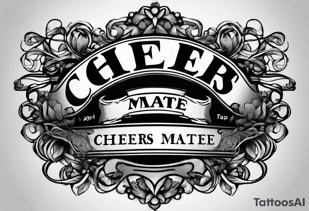"Cheers Mate" text black and grey ink armband +abstract +grey Cancer Ribbon tattoo idea