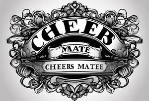 "Cheers Mate" text black and grey ink armband +abstract +grey Cancer Ribbon tattoo idea