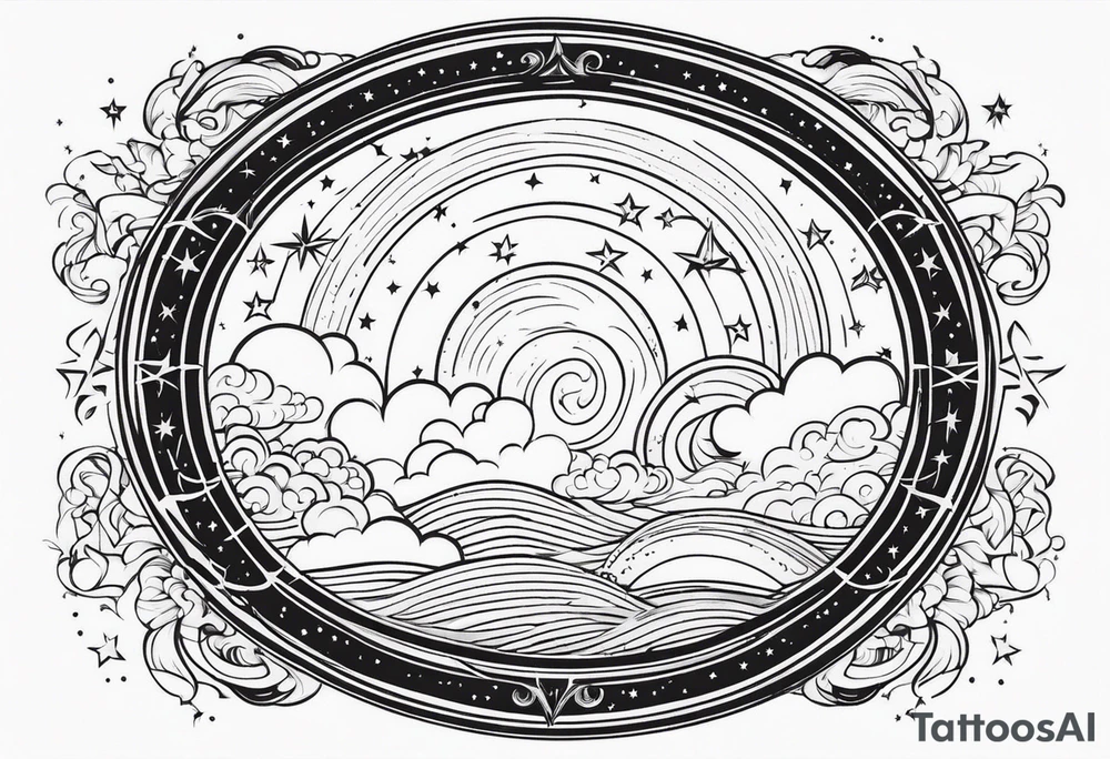 circle vignette frame surrounded by stars clouds tattoo idea