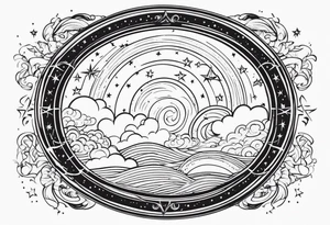 circle vignette frame surrounded by stars clouds tattoo idea