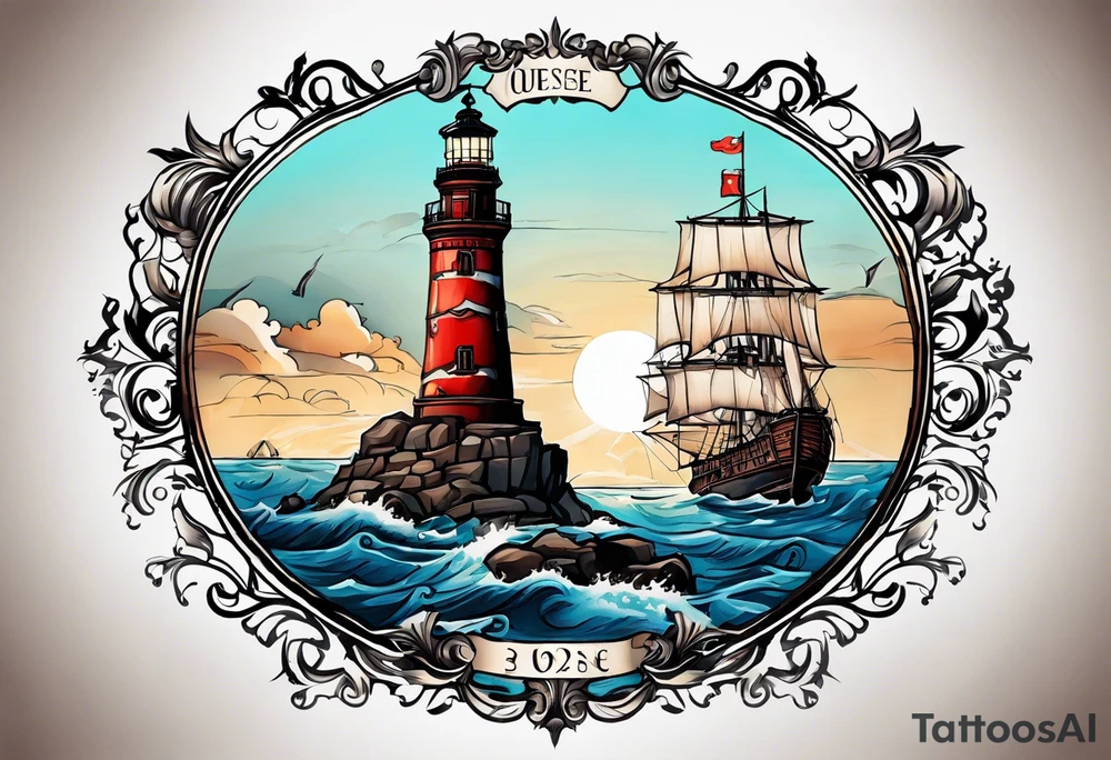 The tattoo represents a harmonious maritime landscape of Odessa: Duke de Richelieu in the center, the steering wheel symbolizing determination, the lighthouse representing hope, and the Potemkin Stairs and the sea reflecting history and freedom. tattoo idea