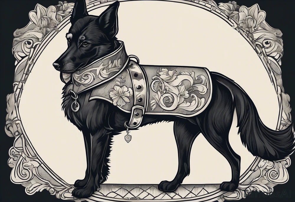 Tattoo of An artistic depiction inspired by Jean de La Fontaine’s fable ‘The Dog and the Wolf.’ The scene shows a sleek, well-groomed dog dressed as a dandy, wearing a luxurious coat and an enormous dog collar with a hang ring. The dog stands proudly, exuding confidence and wealth. Opposite him is a rugged, lean wolf with a wild look, pointing at the dog’s collar with a paw in a gesture of questioning or concern. The setting is a soft shadows and a tranquil yet tense atmosphere. The art style is detailed and elegant, evoking the aesthetic of 18th-century European illustrations.” tattoo idea