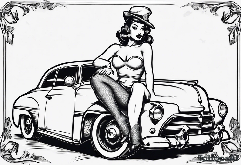 Topless pinup doll sitting on the hood of an old vintage car tattoo idea