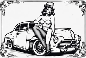 Topless pinup doll sitting on the hood of an old vintage car tattoo idea