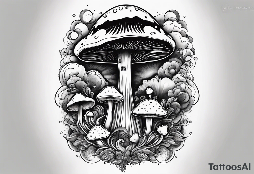 Psychedelic mushroom rocket bursting out of bubble into spiritual realm tattoo idea