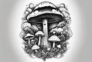 Psychedelic mushroom rocket bursting out of bubble into spiritual realm tattoo idea