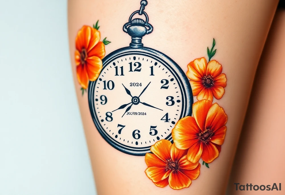 Beautiful pocket watch reading 2:37 with  10/09/2024 and Jackson Calloway in the face of watch surrounded by orange marigolds tattoo idea