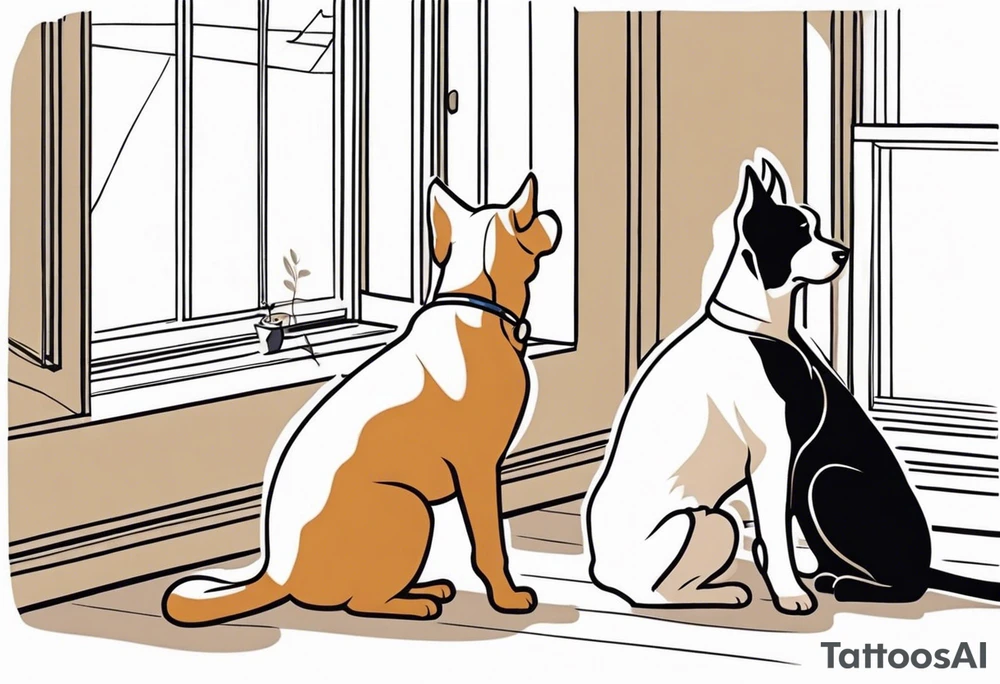 dog and cat sitting on floor and looking out tall thin window together tattoo idea