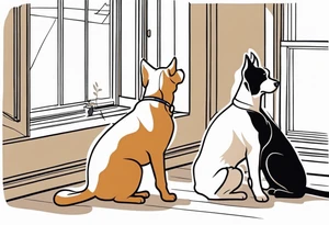 dog and cat sitting on floor and looking out tall thin window together tattoo idea