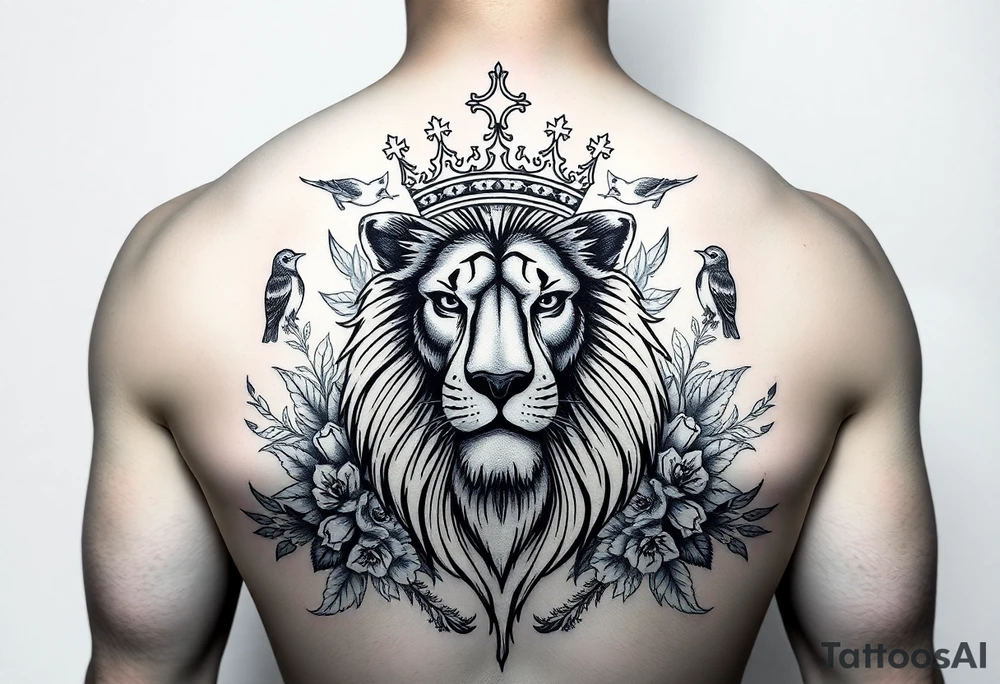 powerful majestic lion with a crown, surrounded by floral ornaments and birds tattoo idea