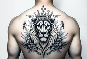 powerful majestic lion with a crown, surrounded by floral ornaments and birds tattoo idea