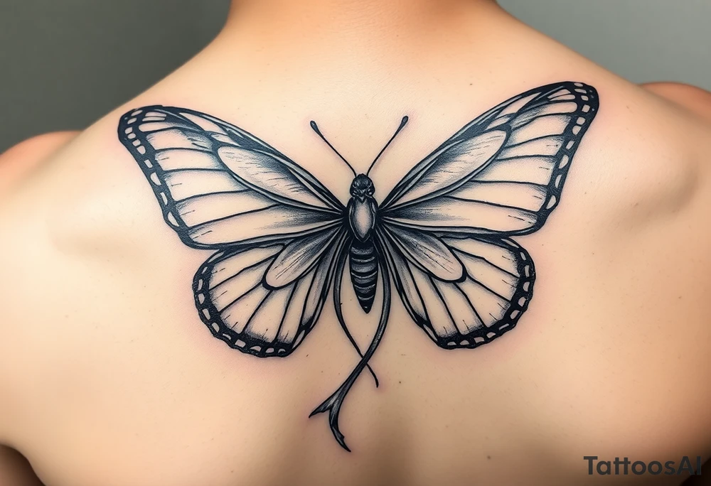 ethereal butterfly with flowing silk ribbons in moonlight tattoo idea