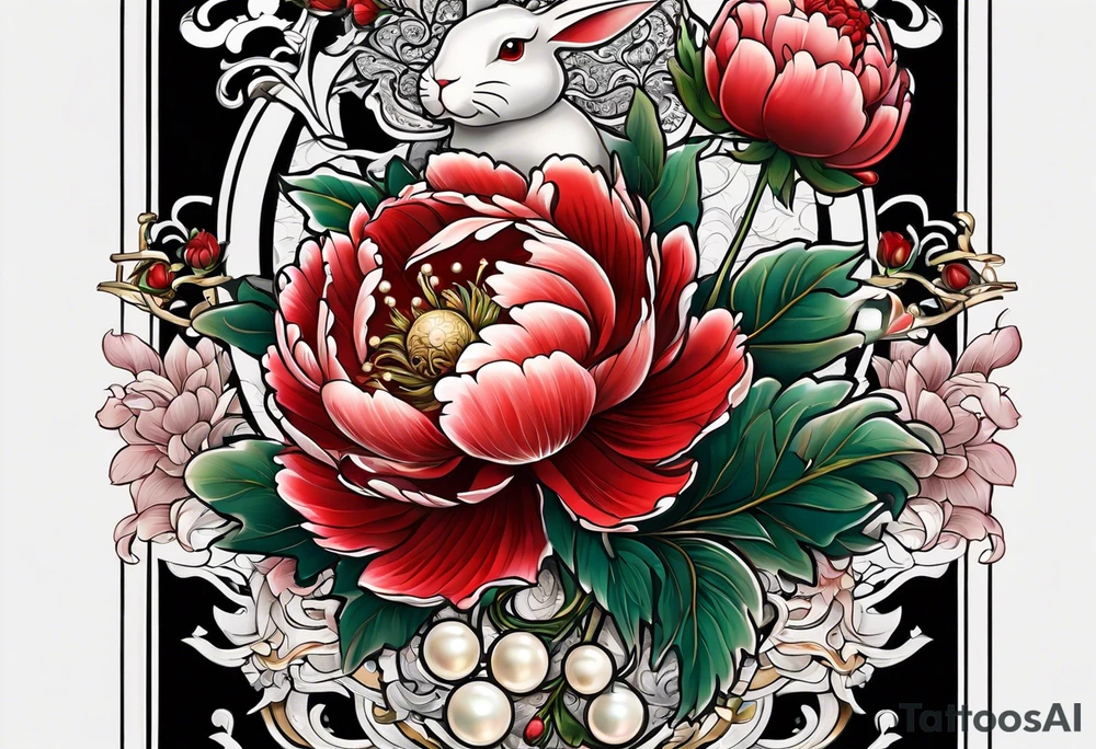 Red peony with dangling pearl necklace with rabbit on top tattoo idea