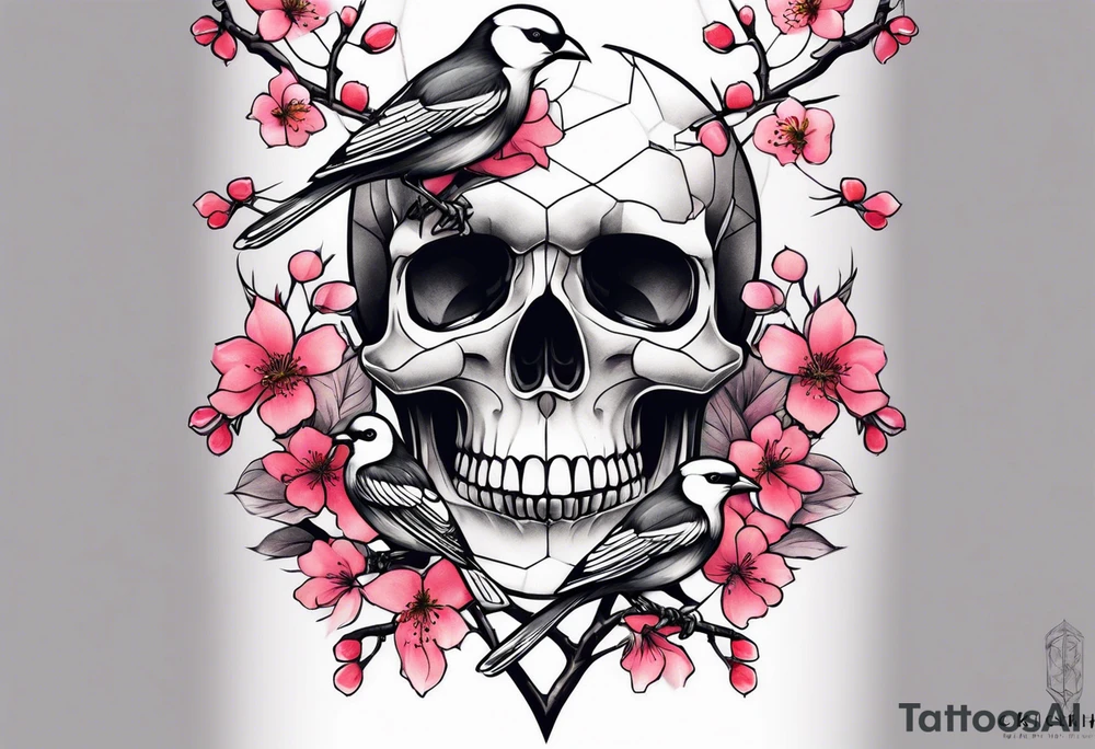 Skulls in cherry blossoms with 3 chickadees full sleeve tattoo idea