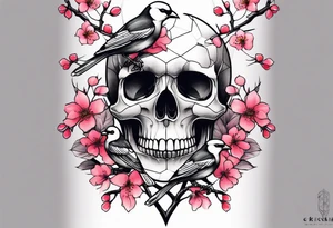 Skulls in cherry blossoms with 3 chickadees full sleeve tattoo idea