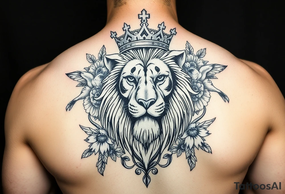 powerful majestic lion with a crown, surrounded by floral ornaments and birds tattoo idea