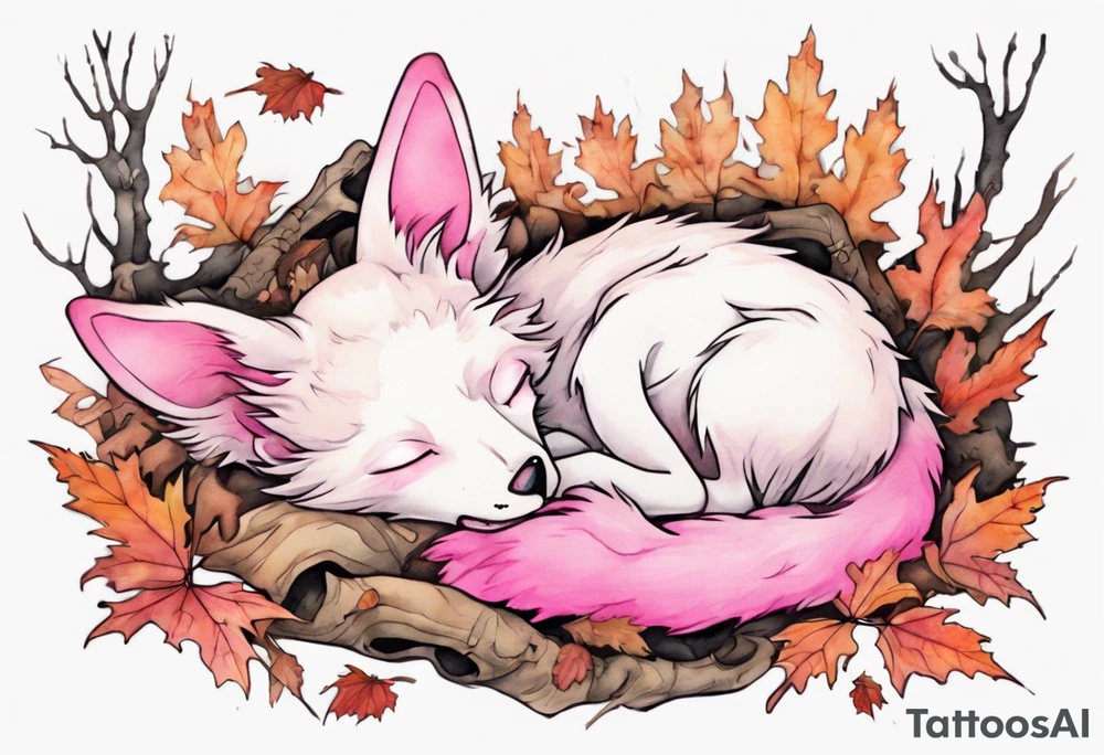 a stote with pink fur and pink ears sleeping in the autumn forest with a pile of bones tattoo idea