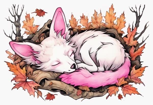 a stote with pink fur and pink ears sleeping in the autumn forest with a pile of bones tattoo idea