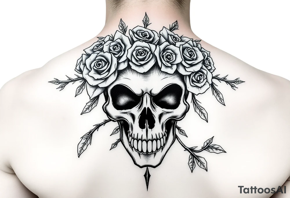 ornate skull adorned with crown of wild roses and thorns tattoo idea