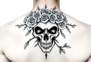 ornate skull adorned with crown of wild roses and thorns tattoo idea