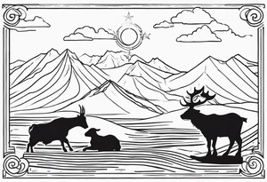 A badger, a goat and a reindeer on Noah's ark with the outlines of Map of Mallorca behind tattoo idea