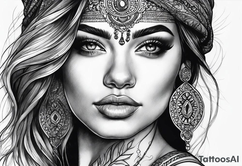 woman face with hand tattoo idea
