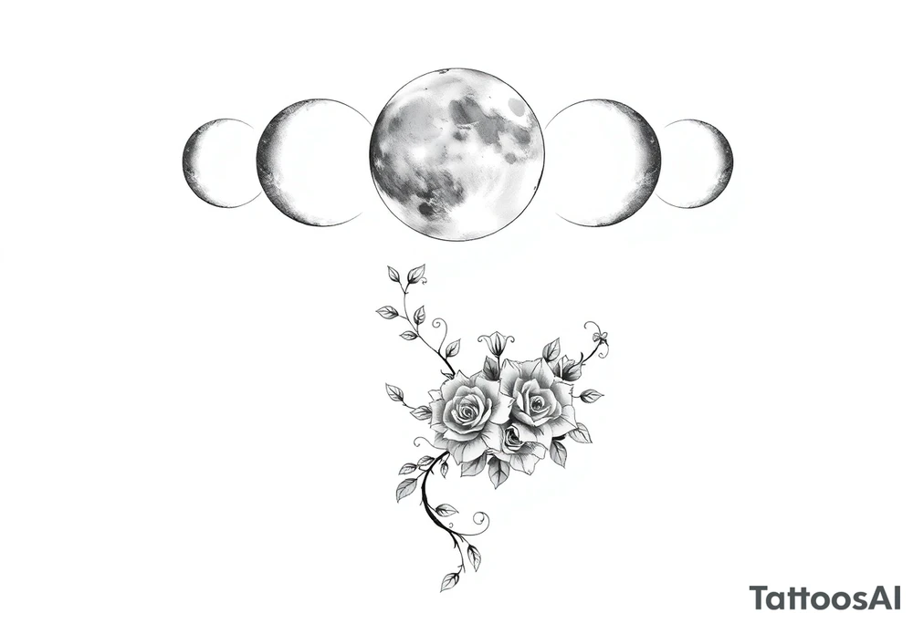 Each phase of the moon going down the spine there’s vines roses and different flowers down the side of each moon going down the spine tattoo idea
