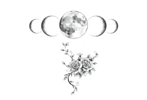 Each phase of the moon going down the spine there’s vines roses and different flowers down the side of each moon going down the spine tattoo idea