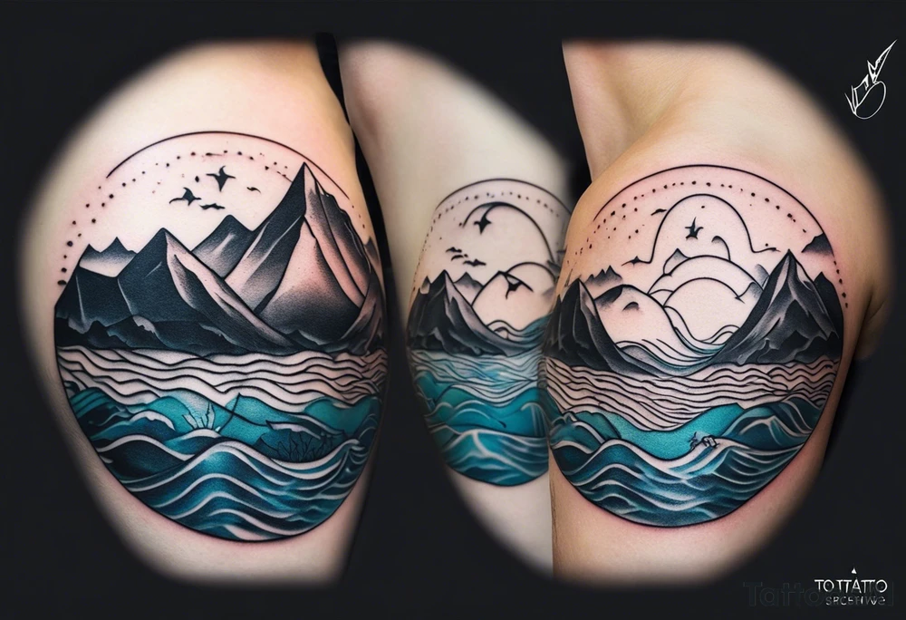 This is a minimalistic tattoo that is split into 2 sections; a top half and a bottom half. The top half is a mountain in Norway with a mountain bike trail winding down the mountain. The bottom half of the tattoo depicts an underwater scene featuring water, and sea life. tattoo idea