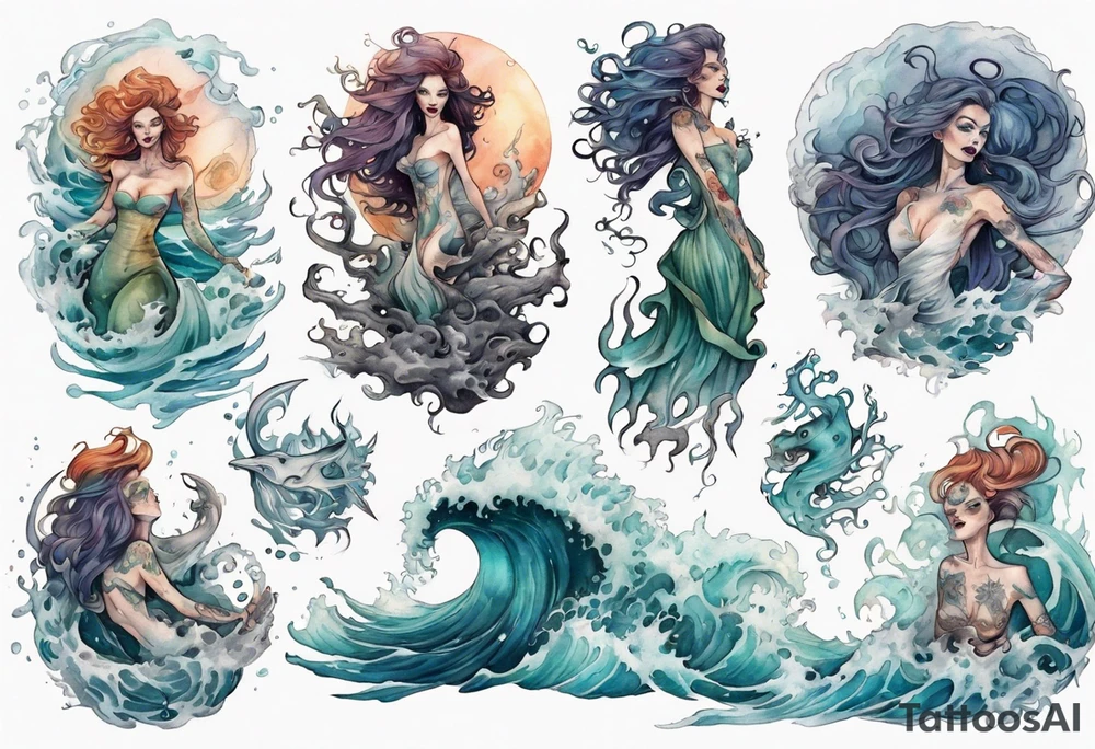 a beautiful sea witch surrounded by crashing waves tattoo idea