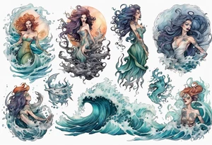a beautiful sea witch surrounded by crashing waves tattoo idea