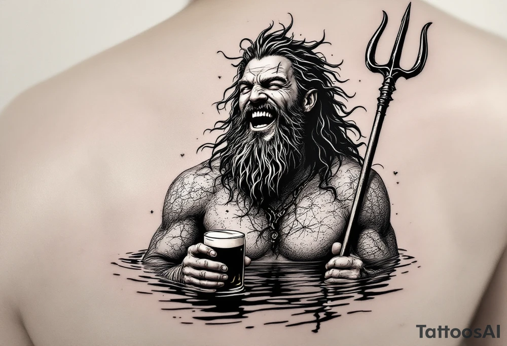 laughing poseidon in calm water, holding a trident, holding a beer, with bare feet out of water tattoo idea