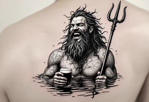 laughing poseidon in calm water, holding a trident, holding a beer, with bare feet out of water tattoo idea