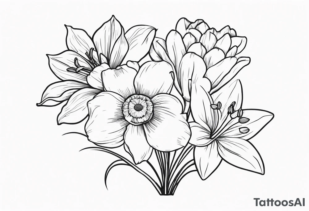 bouquet of flowers containing one lily, one daisy, one daffodil, and one narcissus. fine line with the stems in a bouquet tied by a bow. tattoo idea