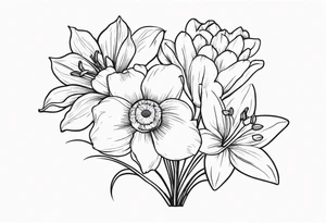 bouquet of flowers containing one lily, one daisy, one daffodil, and one narcissus. fine line with the stems in a bouquet tied by a bow. tattoo idea
