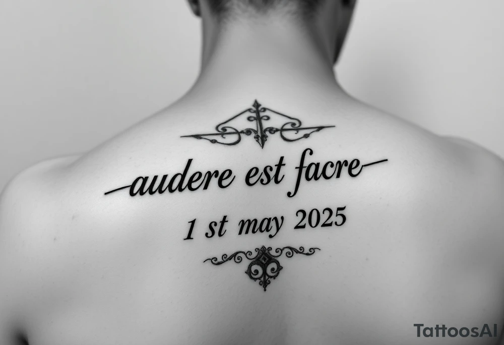 Do a tattoo on a guys forearm with the text ”audere est facere” and ” 21 st may 2025 ” under the text tattoo idea