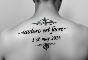 Do a tattoo on a guys forearm with the text ”audere est facere” and ” 21 st may 2025 ” under the text tattoo idea