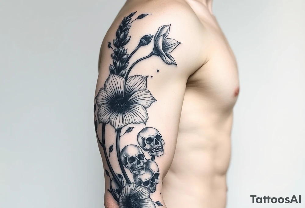 Aconitum flower going up the arm with details gothic style with skulls tribal tattoo idea