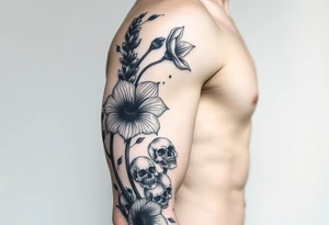 Aconitum flower going up the arm with details gothic style with skulls tribal tattoo idea
