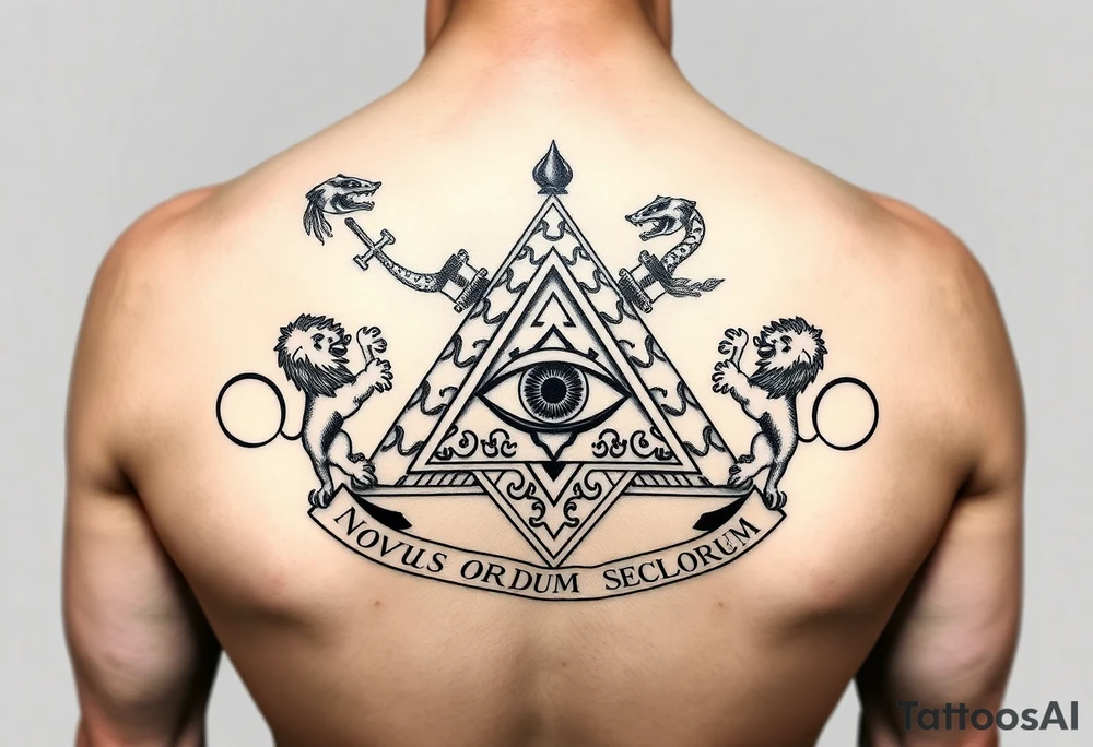 Pyramid with eye in the center, diamond with snake on the top,lions on corners,surrounded by words - novus ordum seclorum tattoo idea