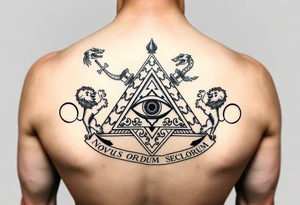 Pyramid with eye in the center, diamond with snake on the top,lions on corners,surrounded by words - novus ordum seclorum tattoo idea