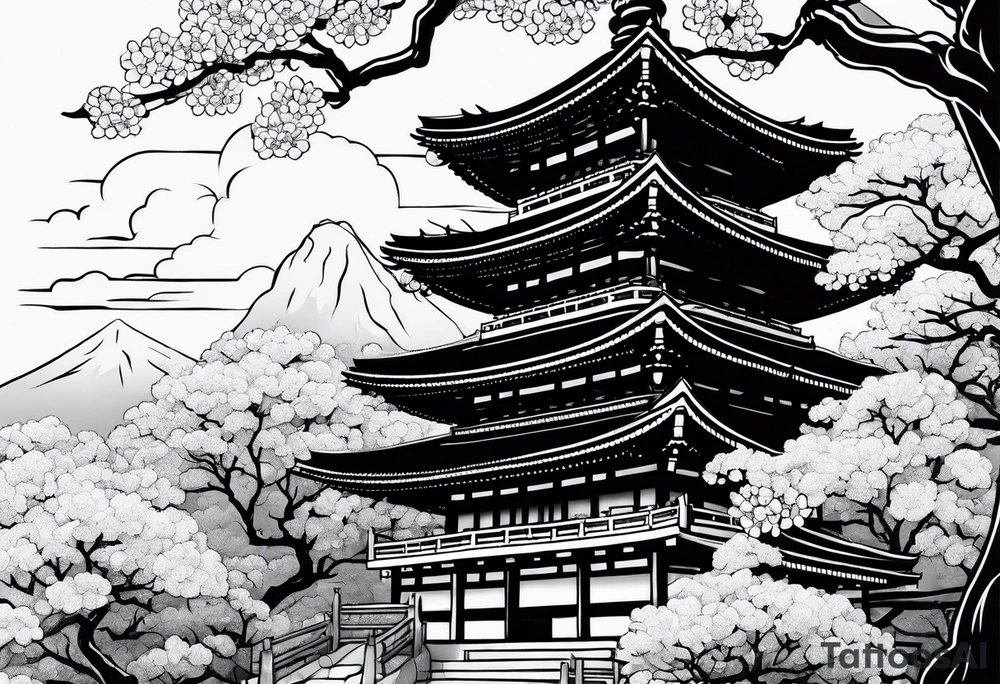 Japanese temple with cherry blossom surrounding tattoo idea Japanese temple with cherry blossom surrounding tattoo idea