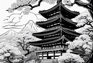 Japanese temple with cherry blossom surrounding tattoo idea