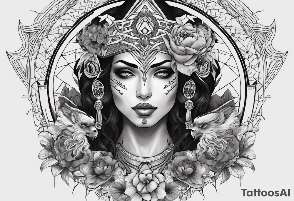 kali ma, alien goddess, valkrye, aries, pirate, divine feminine, zenza resonance, pachamama, lotus azul, blank panther, eagle, skull, 5D, nueva gaya, dna 12, left side chest tatoo tattoo idea