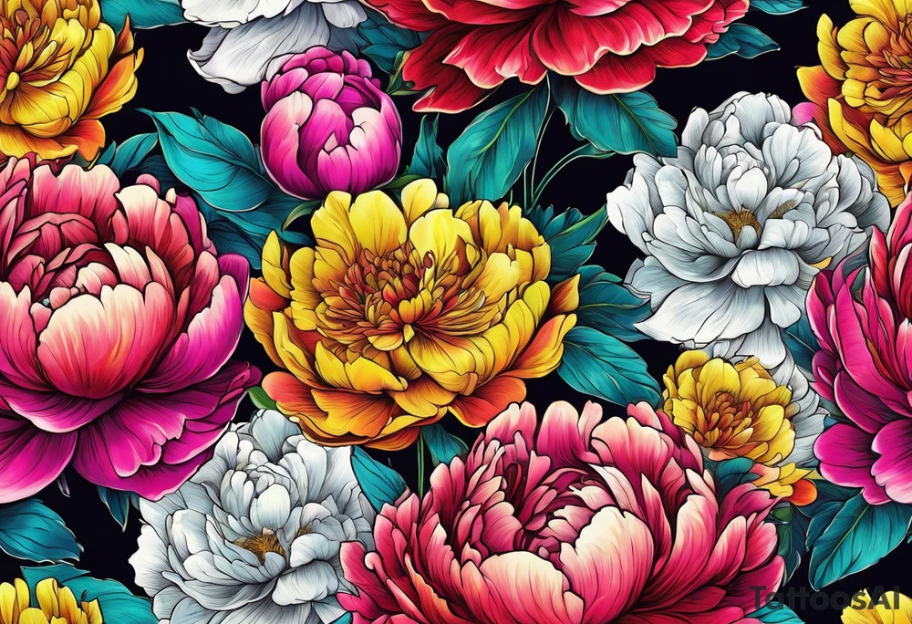 beautiful. colorful, neon, multicolored peony, white background, highly detailed, new school, new school style, street style, streetwear, urban wear tattoo idea