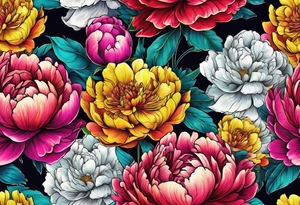 beautiful. colorful, neon, multicolored peony, white background, highly detailed, new school, new school style, street style, streetwear, urban wear tattoo idea
