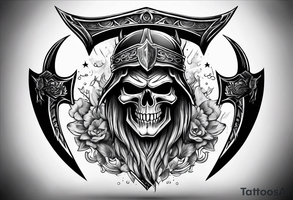 Valhalla sword shield axe mist fog tattoo idea