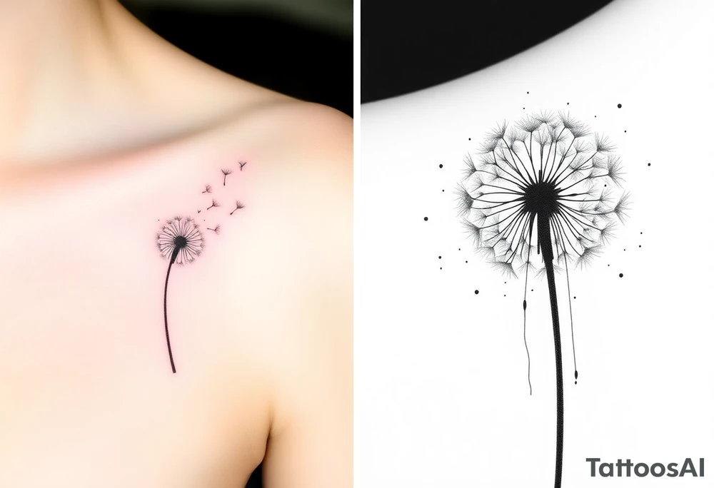 The first image shows a delicate dandelion tattoo on a person’s skin, with seeds blowing away. The tattoo has a fine-line style with subtle shading and a soft pink hue around the base, giving it a watercolor effect. The design is minimalistic and elegant, emphasizing movement as the seeds float away.

The second image is an artistic black-and-white dandelion drawing with an abstract watercolor effect. The dandelion’s seeds are dispersing, and the ink appears to be dripping down, creating a dynamic and fluid look. The shading and splatter effect add depth and texture to the design, making it appear soft yet striking.

Both images capture the symbolic nature of dandelions—representing freedom, transformation, and the passage of time—with different artistic approaches. tattoo idea