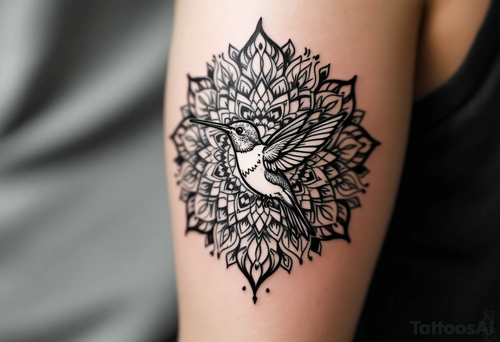 New school hummingbird centered in front of a mandala design tattoo idea